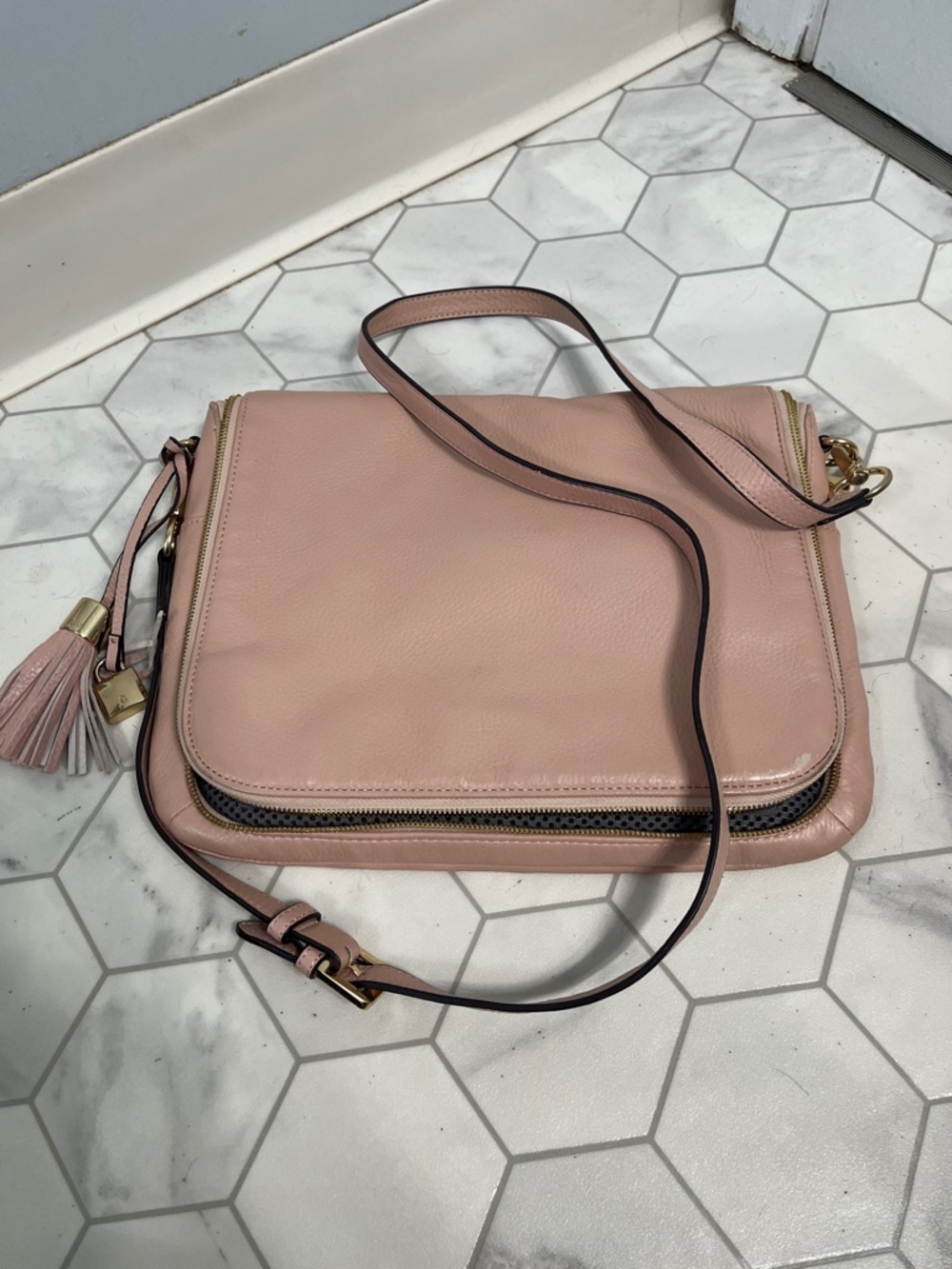 Gilli Blush Pink Leather Tassel Crossbody Bag